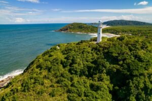 View of the lighthouse in Ilha do Mel State Park. Parana, Brazil.