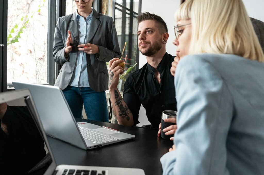 Casual marketing executives meeting.