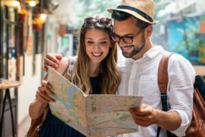 Portrait of happy couple having fun on vacation. People travel happiness concept