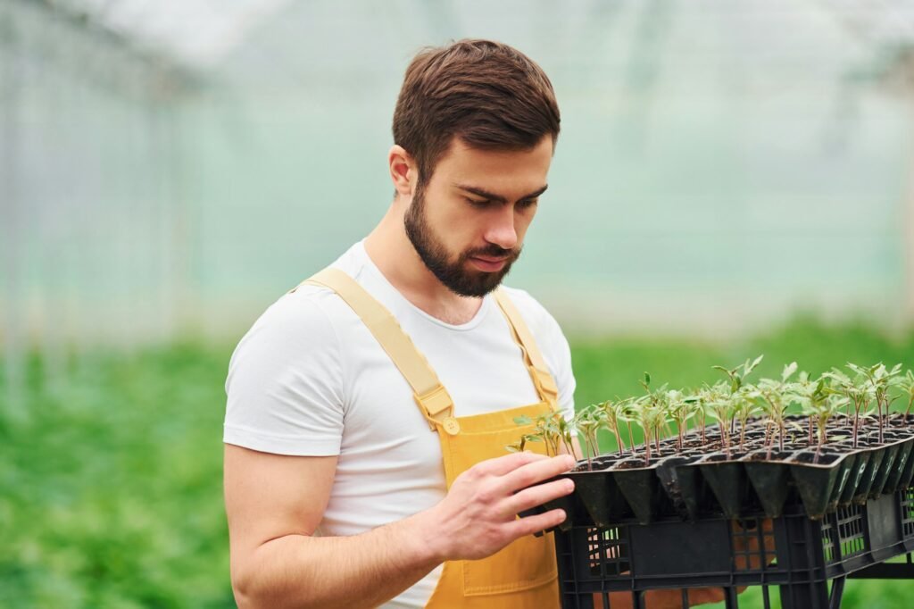 Young greenhouse worker in yellow uniform have job inside of hothouse