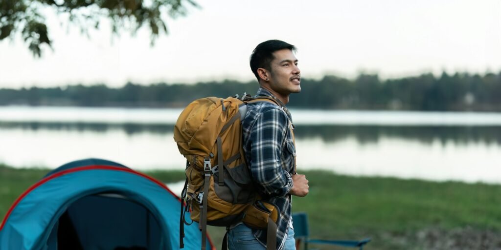 Young man backpacker traveling alone. Attractive male traveler walking in nature wood lake during