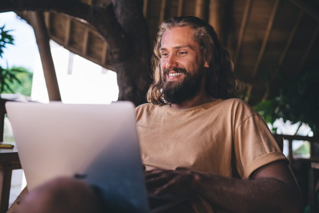 successful freelancer enjoying digital nomad lifestyle while networking browser
