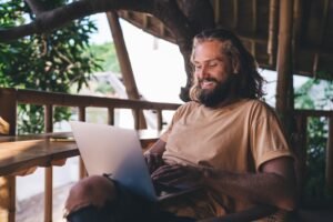 successful freelancer enjoying digital nomad lifestyle while networking browser