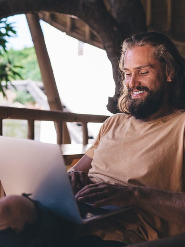 successful freelancer enjoying digital nomad lifestyle while networking browser